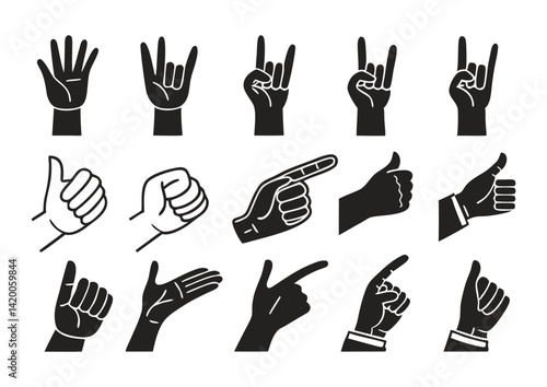 Colorful Hand Gesture Icons Set – Thumbs Up, Fist, Writing, Holding Lightbulb, Smartphone, and Success Symbols in Modern Cartoon Illustration