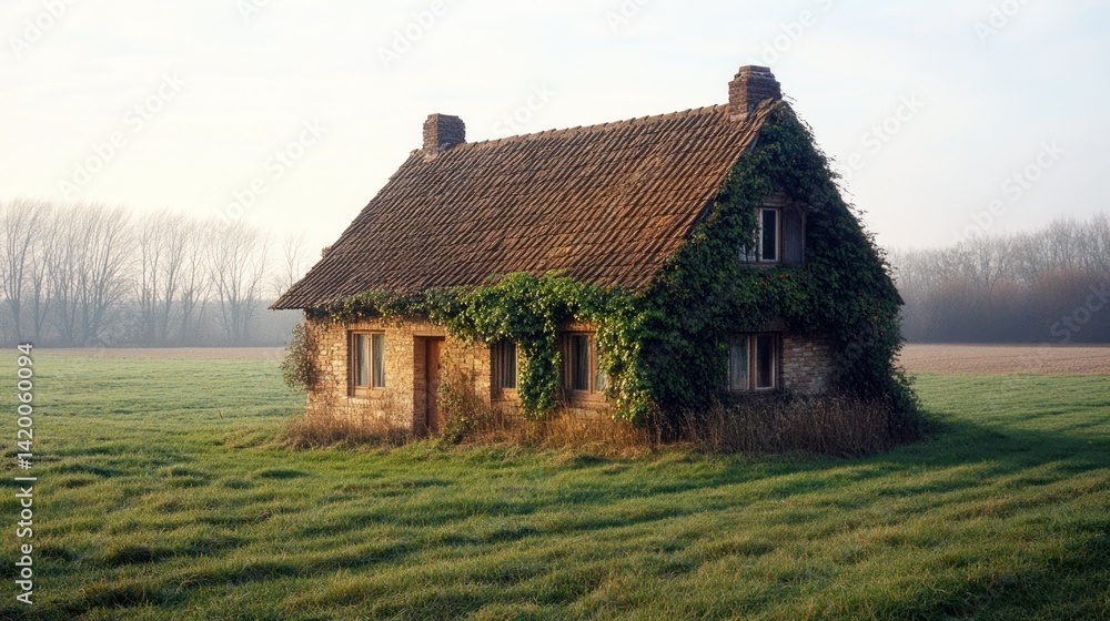 A small stone house covered in ivy sits in a field A small stone house covered in ivy sits in a field