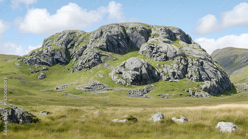 Fototapeta premium Rocky Hilltop Landscape With Grassy Field