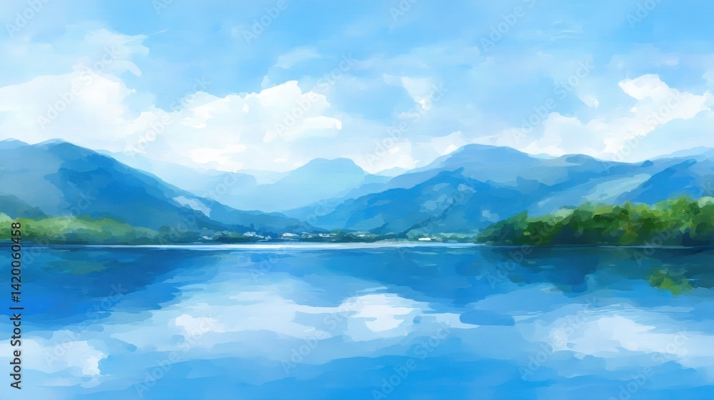 Naklejka premium Serene lakeside scene Mountains embrace tranquil waters under a cloudy sky