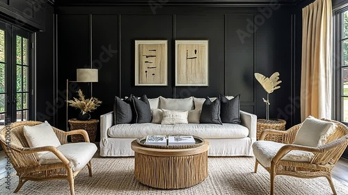Wallpaper Mural Elegant Interior Design with Black Walls and Natural Accents in a Modern Living Room Torontodigital.ca