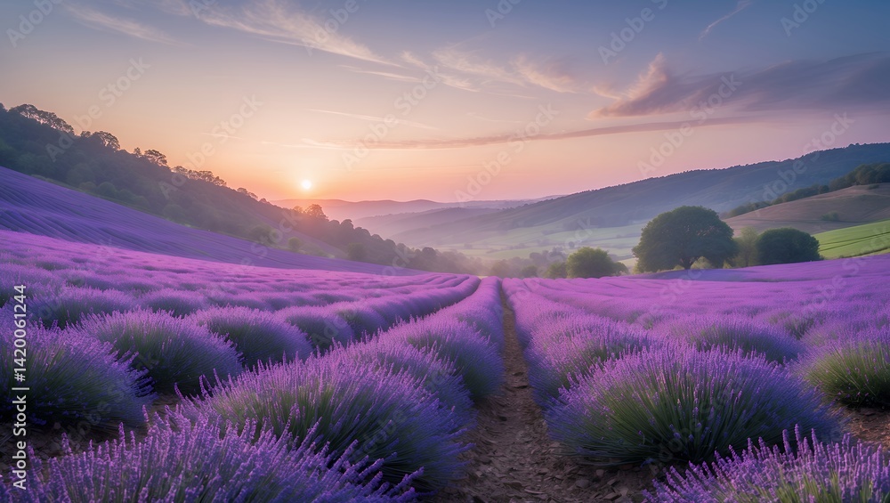 Lavender Field Blooming at Sunset with Rolling Hills Landscape View Lavender Field Blooming at Sunset with Rolling Hills Landscape View