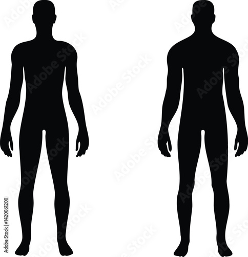 Black and white vector illustration of male and female human silhouettes in neutral standing poses