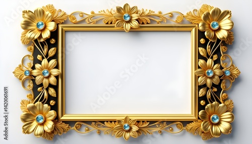 A luxurious golden photo frame with intricate floral carvings and gemstone-studded flowers on a warm beige background, UHD 8K render, ultra-realistic lighting, elegant and symmetrical design