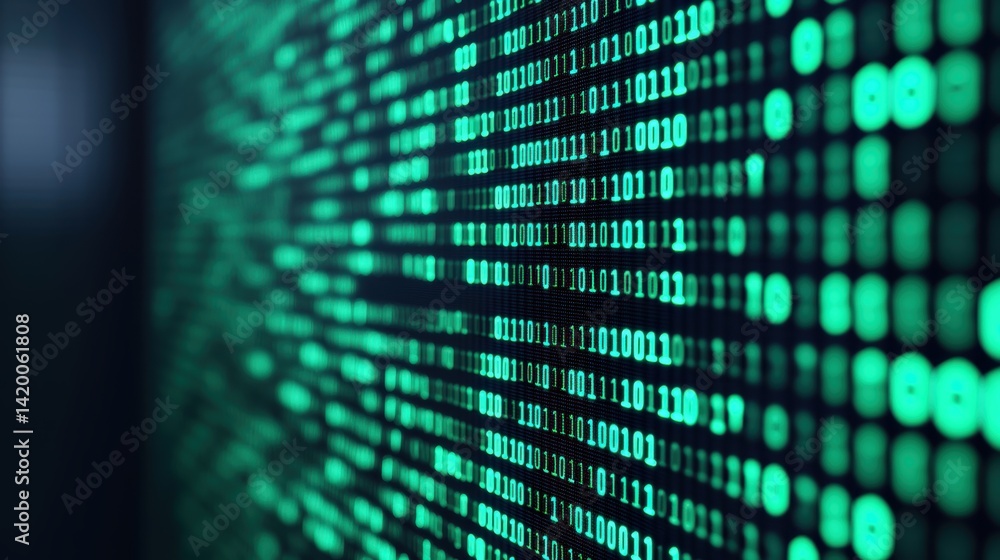 Obraz premium A digital representation of binary code displayed in vibrant green against a dark background, conveying a sense of technology and data.