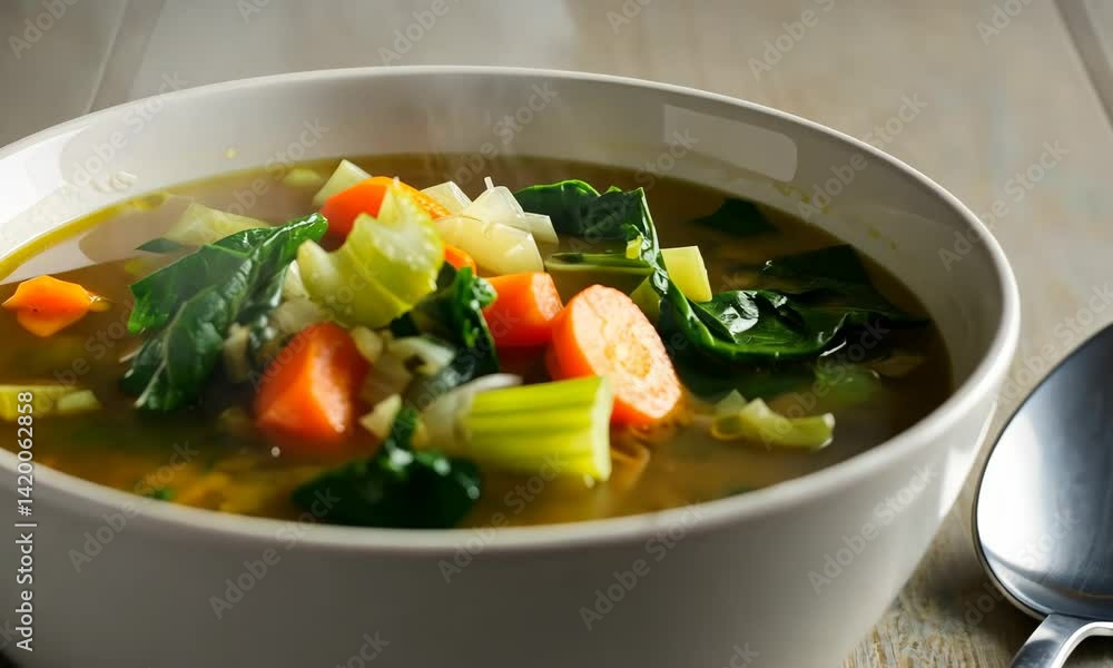 Hot vegetable soup with steam in white bowl and spoon on wooden table Hot vegetable soup with steam in white bowl and spoon on wooden table