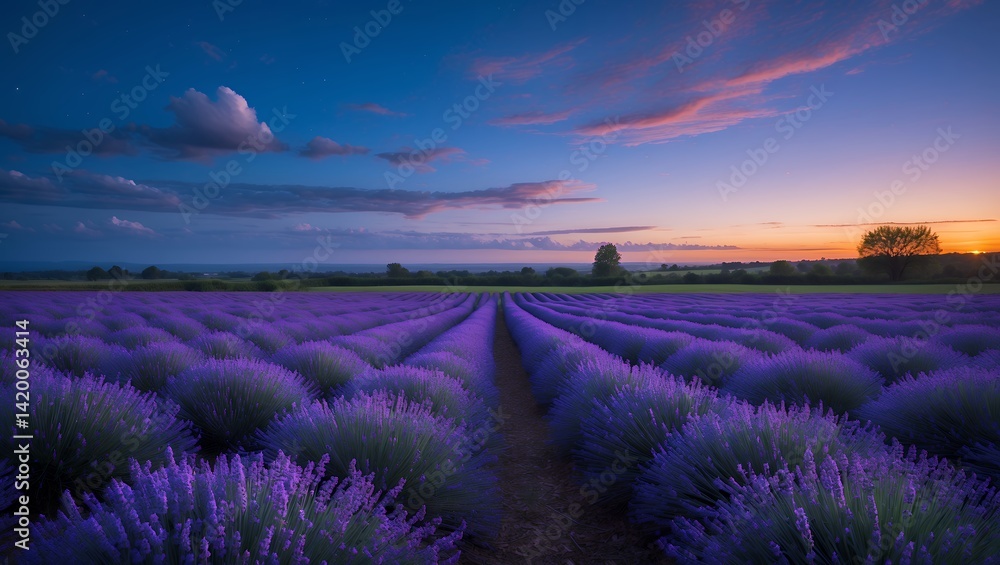 Fototapeta premium Lavender Field at Dusk with a Dramatic Sky and Soft Light