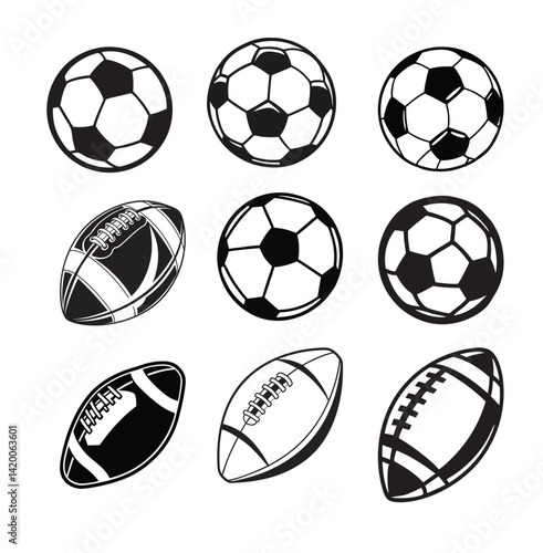 A vector set features soccer balls and icons for sport game and team play