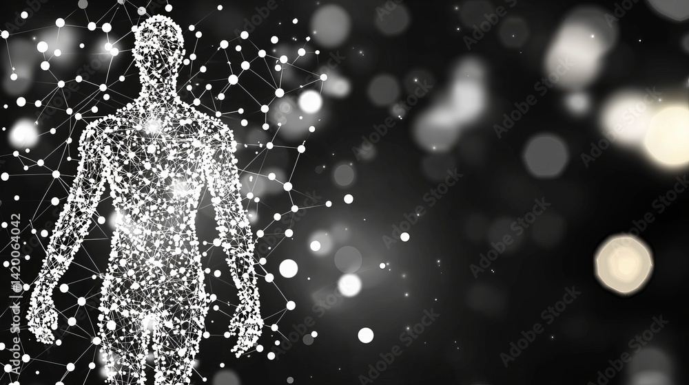 Diet weight monitoring assessment. A digital representation of a human figure composed of interconnected dots and lines, set against a blurred background of light orbs. Diet weight monitoring assessment. A digital representation of a human figure composed of interconnected dots and lines, set against a blurred background of light orbs.