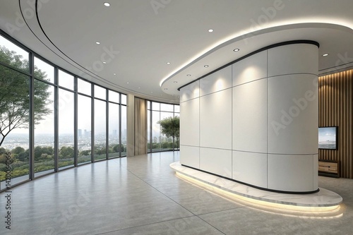 Modern interior with curved blank wall for mockup display. 3D Rendering