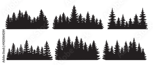 Silhouette of Forest of Christmas fir trees vector icon set illustration isolated on white background.