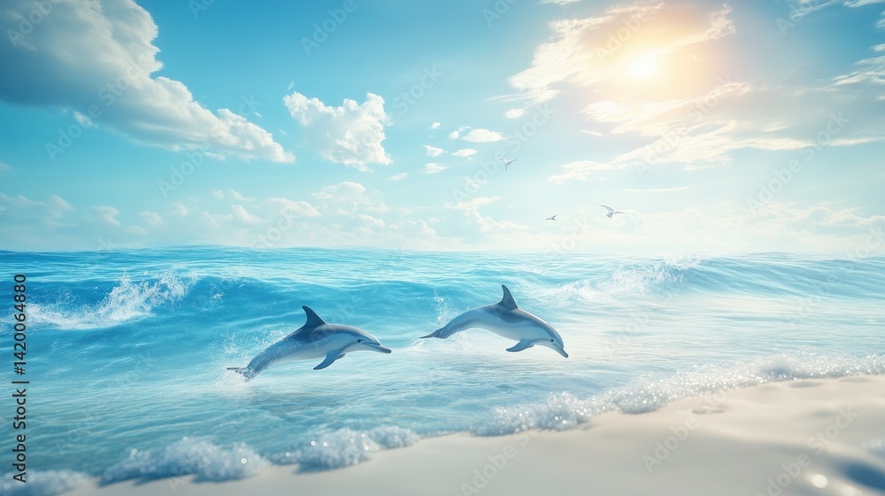 Fototapeta premium Two dolphins jumping playfully out of ocean waves near shoreline