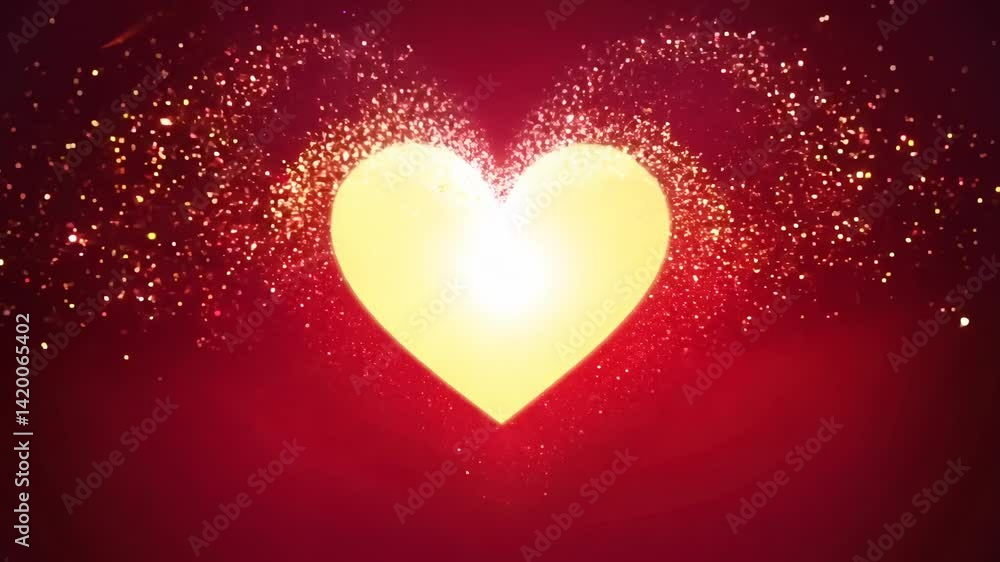 Bright glowing heart with golden sparkles on vibrant red background Bright glowing heart with golden sparkles on vibrant red background