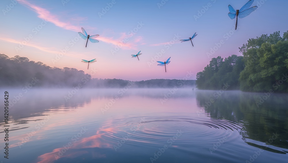 Obraz premium Dragonflies flying over lake at dawn with fog and soft light