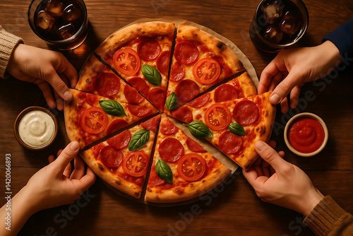 People Sharing Pepperoni Pizza with Dipping Sauces and Drinks