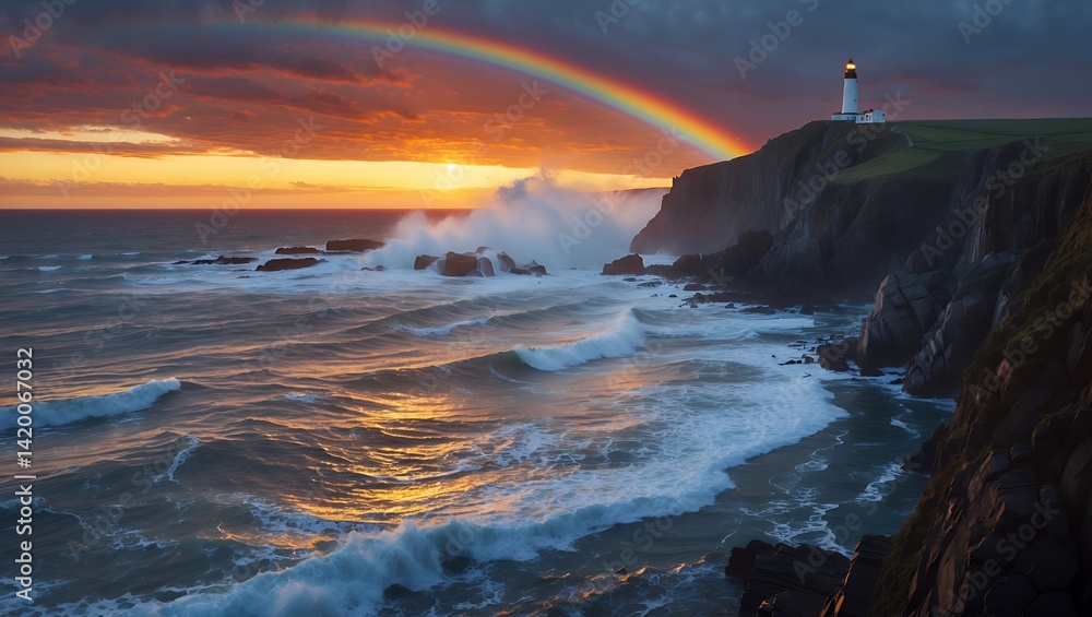 Fototapeta premium Lighthouse Overlooking Ocean Waves with Rainbow at Beautiful Sunset