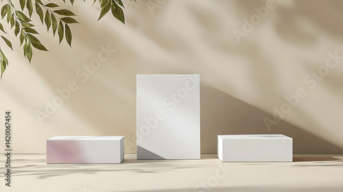 Wallpaper Mural Three White Podiums On Beige Background With Shadows And Branches Torontodigital.ca