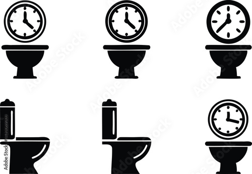 Set of black and white toilet with clock silhouettes, symbolizing time management and procrastination in business