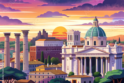 View of Rome sunset time city skyline at Rome Forum, Rome, Italy
