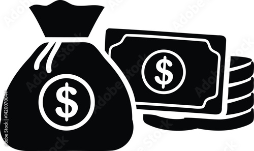 Black and white icon of money bag, bills, and coins with dollar sign, symbolizing finance, wealth, and savings for business