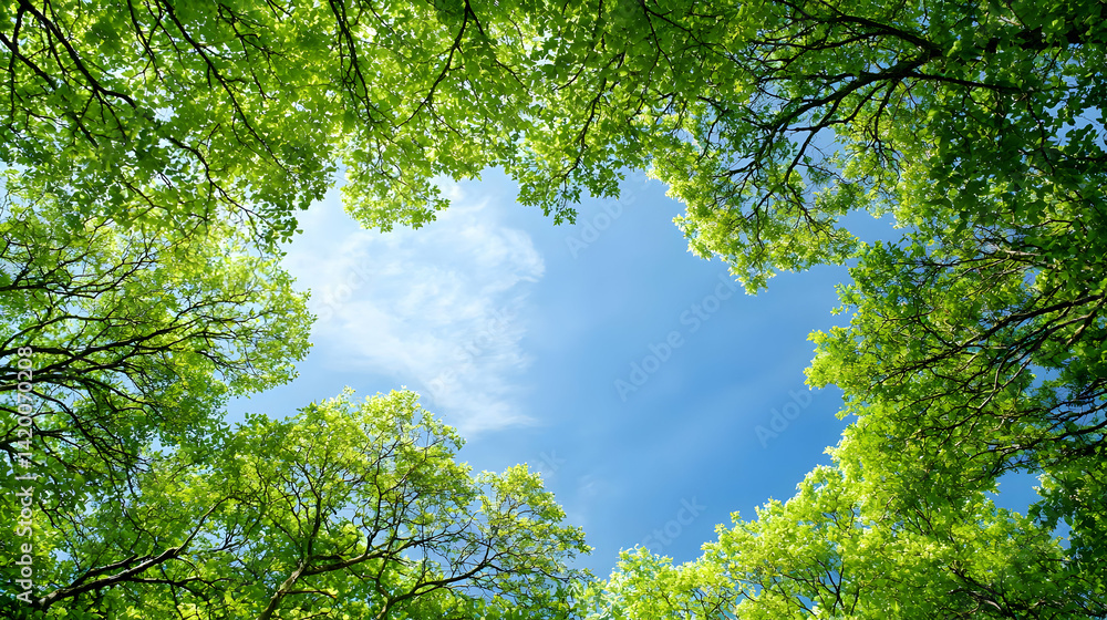 Fototapeta premium Fresh Green Trees Canopy Against Sunny Blue Sky
