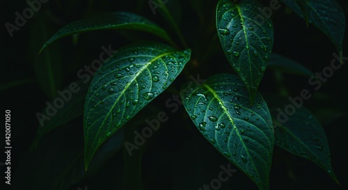 Fresh green leaves glistened with raindrops after a refreshing rain