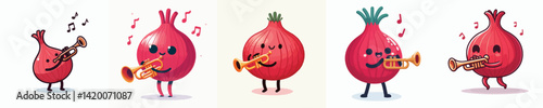 funny red onion vector collection playing trumpet