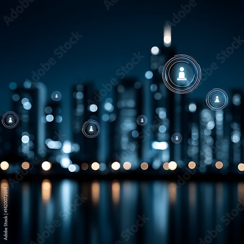 Digital Connectivity in Urban Skyline at Night with Person Icon Communication Network Nodes 90chars.