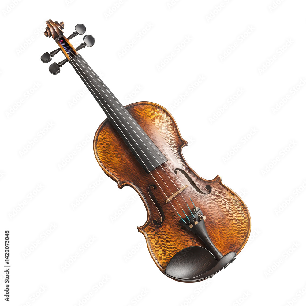 Fototapeta premium Elegant wooden classical violin with a polished finish, detailed craftsmanship and tuning pegs on transparent background