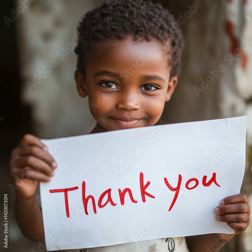 White sheet with the red inscription ‘Thank you’ held by a smiling, handsome African boy.