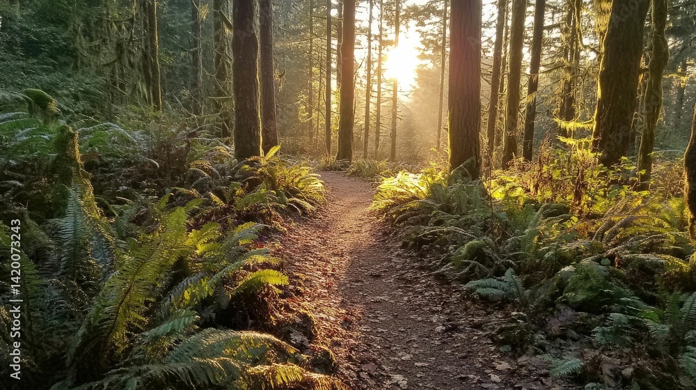 Obraz premium Forest path, sunset light, ferns, trees.