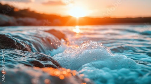 Sunset over tranquil waves crashing on rocky shore