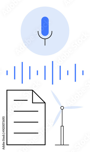 Microphone icon with soundwave, document outline, and wind turbine illustration symbolizing audio recording, transcription, and eco-friendly innovation. Ideal for technology, sustainability
