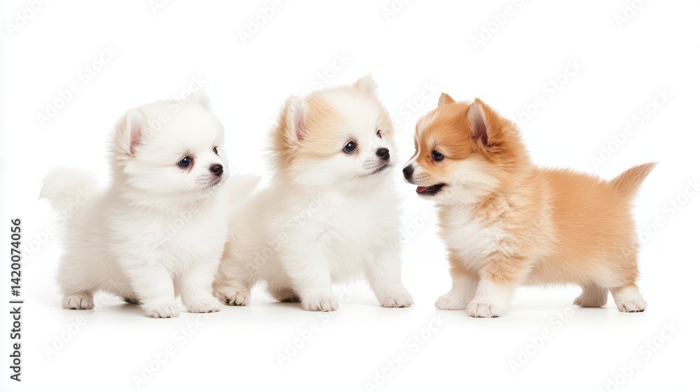Adorable pomeranian puppies playing together in studio setting Adorable pomeranian puppies playing together in studio setting