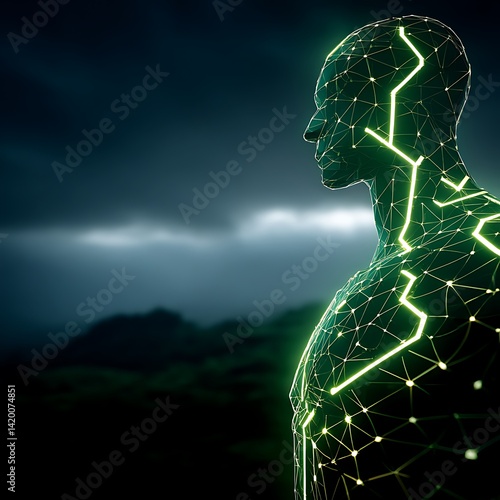 Digital Humanoid Figure with Glowing Network Connectivity in Cyber Landscape Transformation Art.