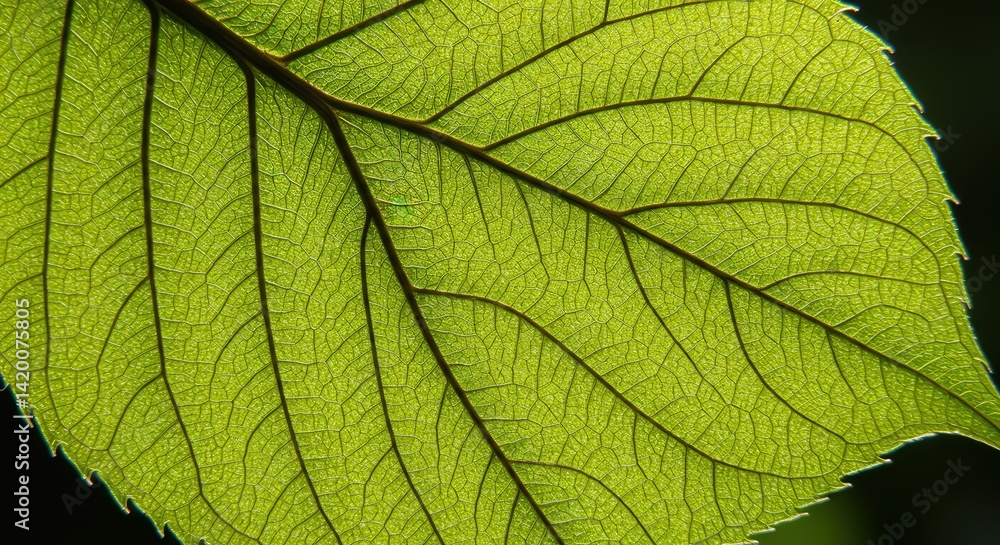 Translucent green leaf illuminated by sunlight showing intricate veins Translucent green leaf illuminated by sunlight showing intricate veins