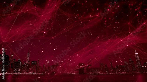 Digital Network Cityscape at Night with Connections in Red Hue Futuristic Urban Illustration.