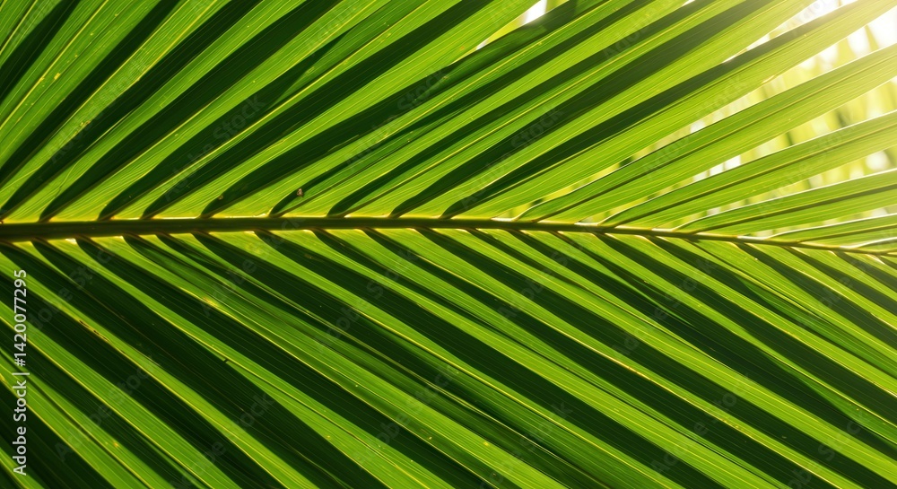 Fototapeta premium Sunlight Filtering Through a Vibrant Green Palm Leaf Frond Close-Up