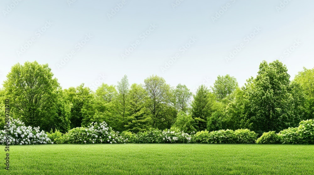 Fototapeta premium Lush Green Field Surrounded by Tall Trees and Vibrant Bushes in Nature