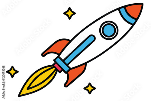 Design a colorful vector illustration of a cartoon-style rocket ship launching into space