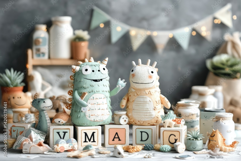 Fototapeta premium Adorable Monster Friends with Alphabet Blocks and