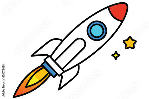 Design a colorful vector illustration of a cartoon-style rocket ship launching into space