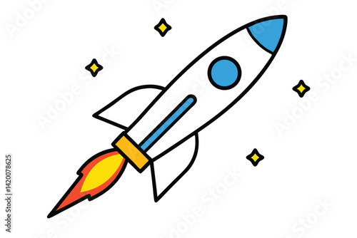 Design a colorful vector illustration of a cartoon-style rocket ship launching into space