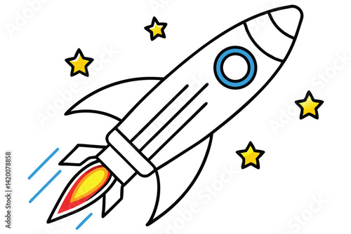 Design a colorful vector illustration of a cartoon-style rocket ship launching into space