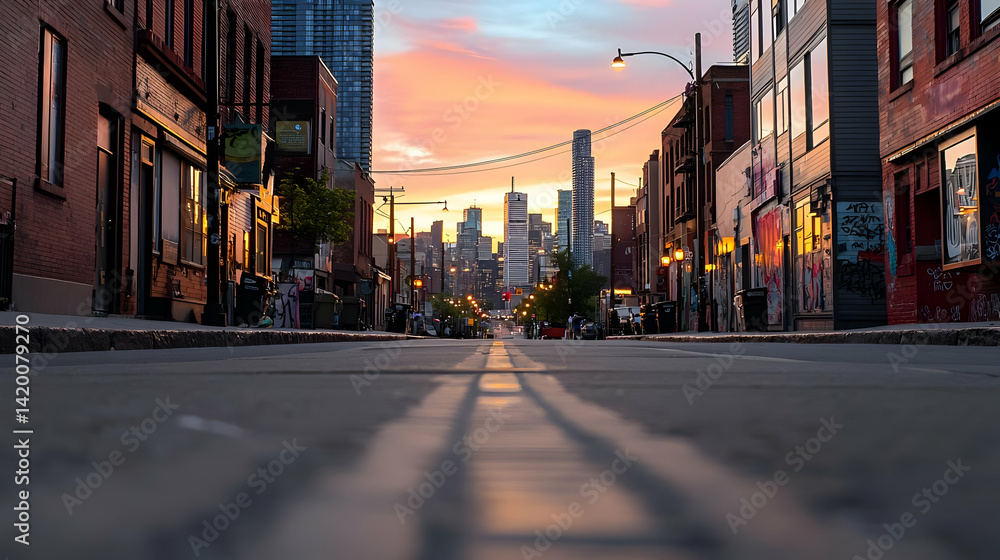 Naklejka premium Urban Street Scene at Sunset with City Skyline