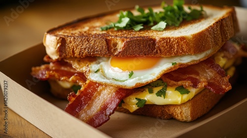 Breakfast sandwich packed neatly with layers of bacon and egg between slices of bread