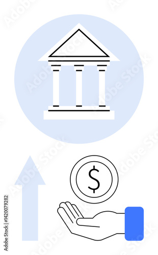 Bank icon, hand holding coin, upward arrow indicating growth. Ideal for finance, banking, savings, investment economy strategy simple landing page. Line metaphor. Simple line icons