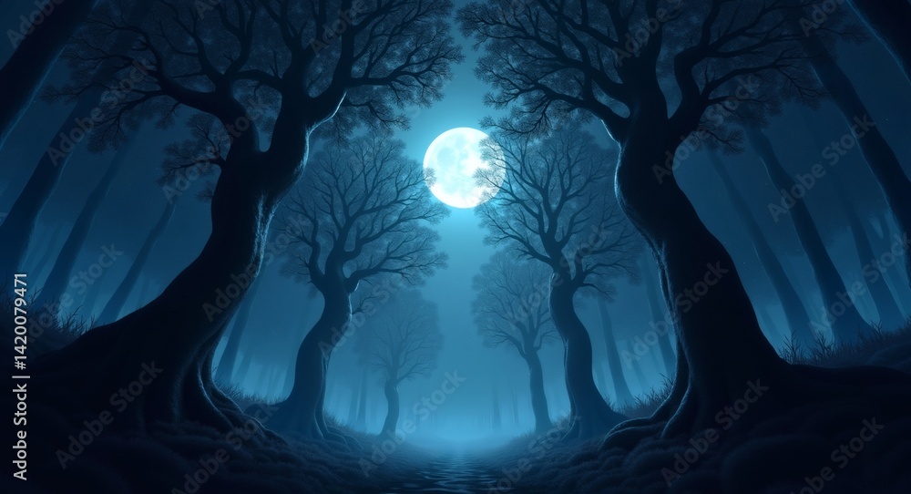 Enchanted Moonlit Forest Path with Majestic Silhouetted Trees Night Forest Moon Enchanted Moonlit Forest Path with Majestic Silhouetted Trees Night Forest Moon