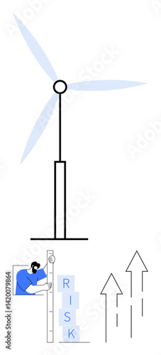 Wind turbine symbolizes renewable energy while person assesses risk blocks. Arrows suggest growth and progress. Ideal for renewable energy, sustainability, innovation, growth, risk management