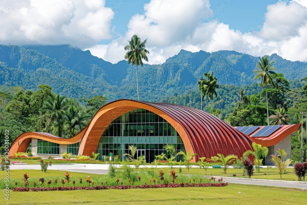 Fototapeta premium Innovative architectural design tropical mountains building structure lush landscape modern viewpoint eco-friendly concept